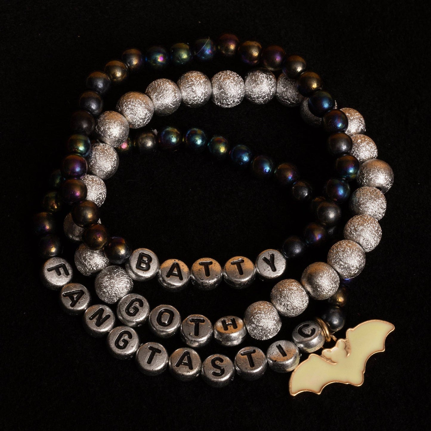 BATTY Silver Letter Bead DIY Bracelet Jar with Glow in the Dark Bat Charm