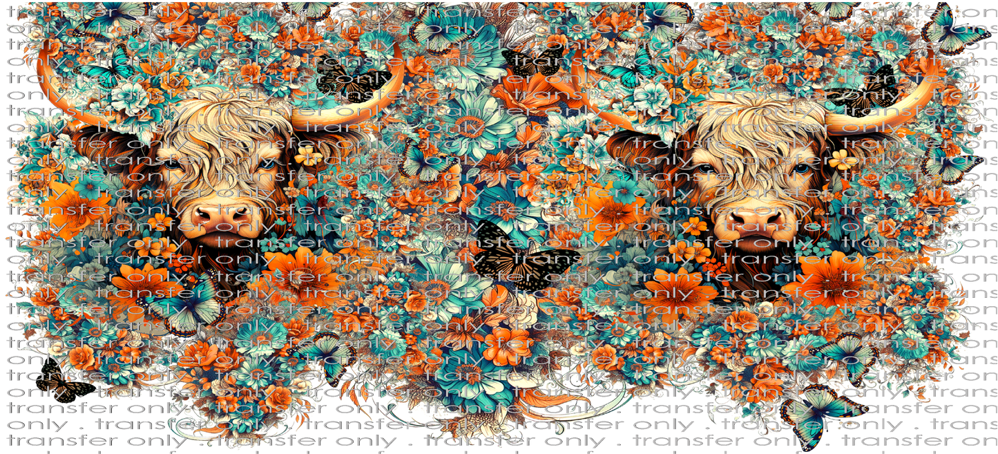 ANM UV 130 Highland Cow Turquoise and Orange Flowers UV DTF 16oz Wrap