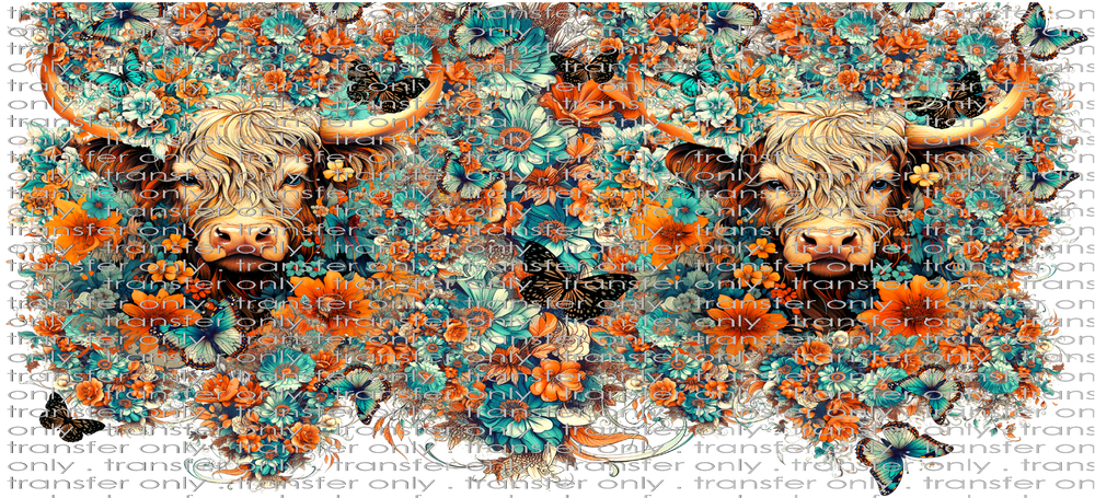 ANM UV 130 Highland Cow Turquoise and Orange Flowers UV DTF 16oz Wrap