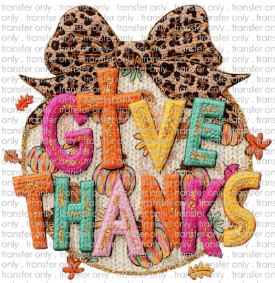 FALL 647 Faux Crochet Leopard Bow Pumpkin Give Thanks