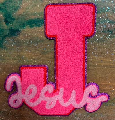 Jesus Neon Pink with Purple Outline- Chenille/Sequins Iron On Patch