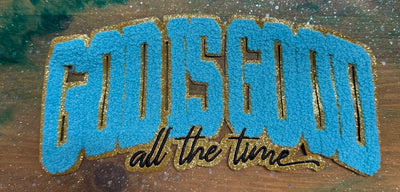 God is Good Aqua Blue and Gold- Chenille/Sequins Iron On Patch