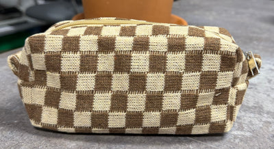 Small Tan Checkered Make-up Bag