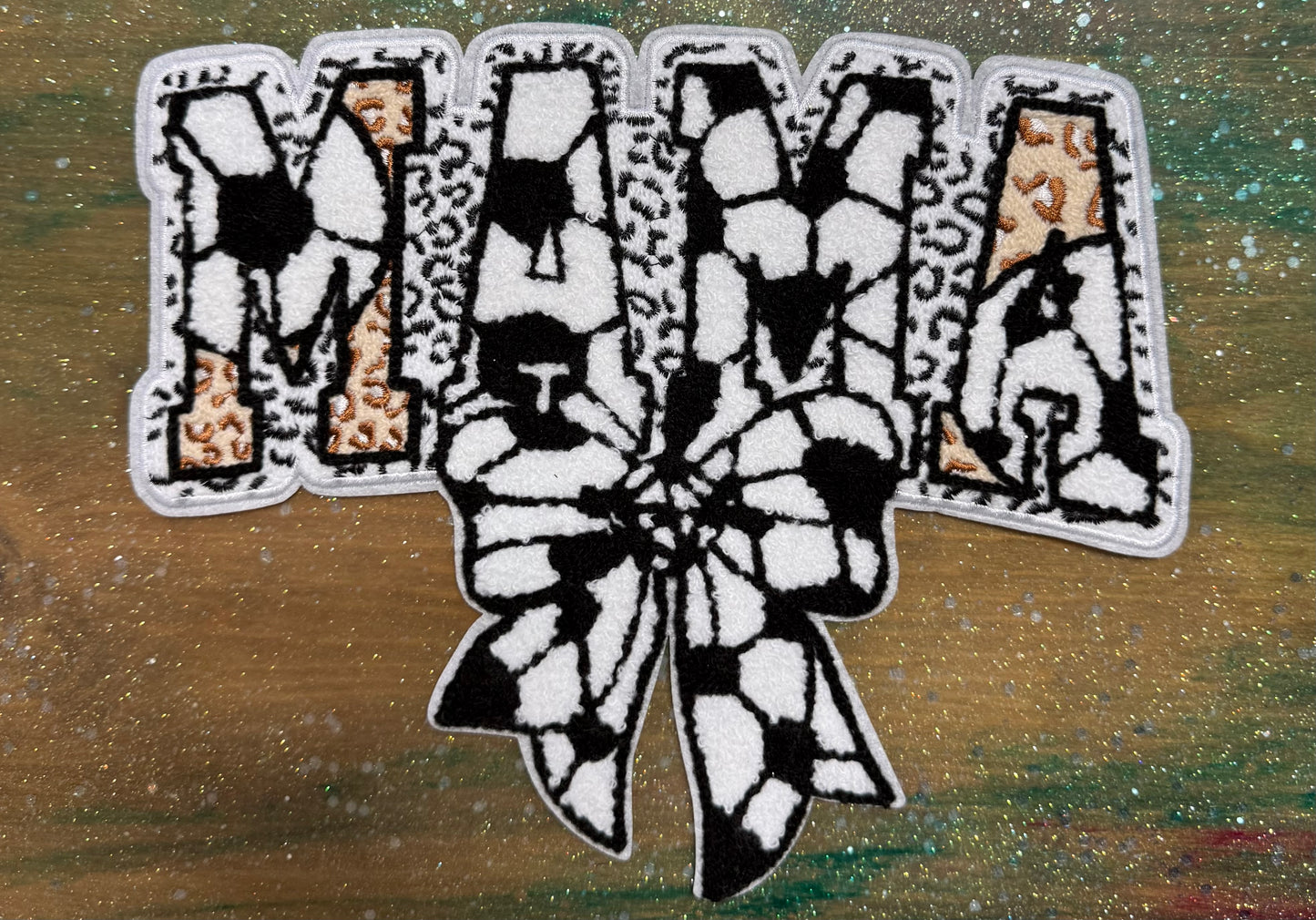 Mama Soccer Bow - Chenille/Sequins Iron On Patch