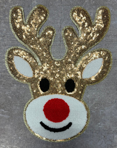 Cute Reindeer with Glitter Antlers - Chenille/Sequins Iron On Patch