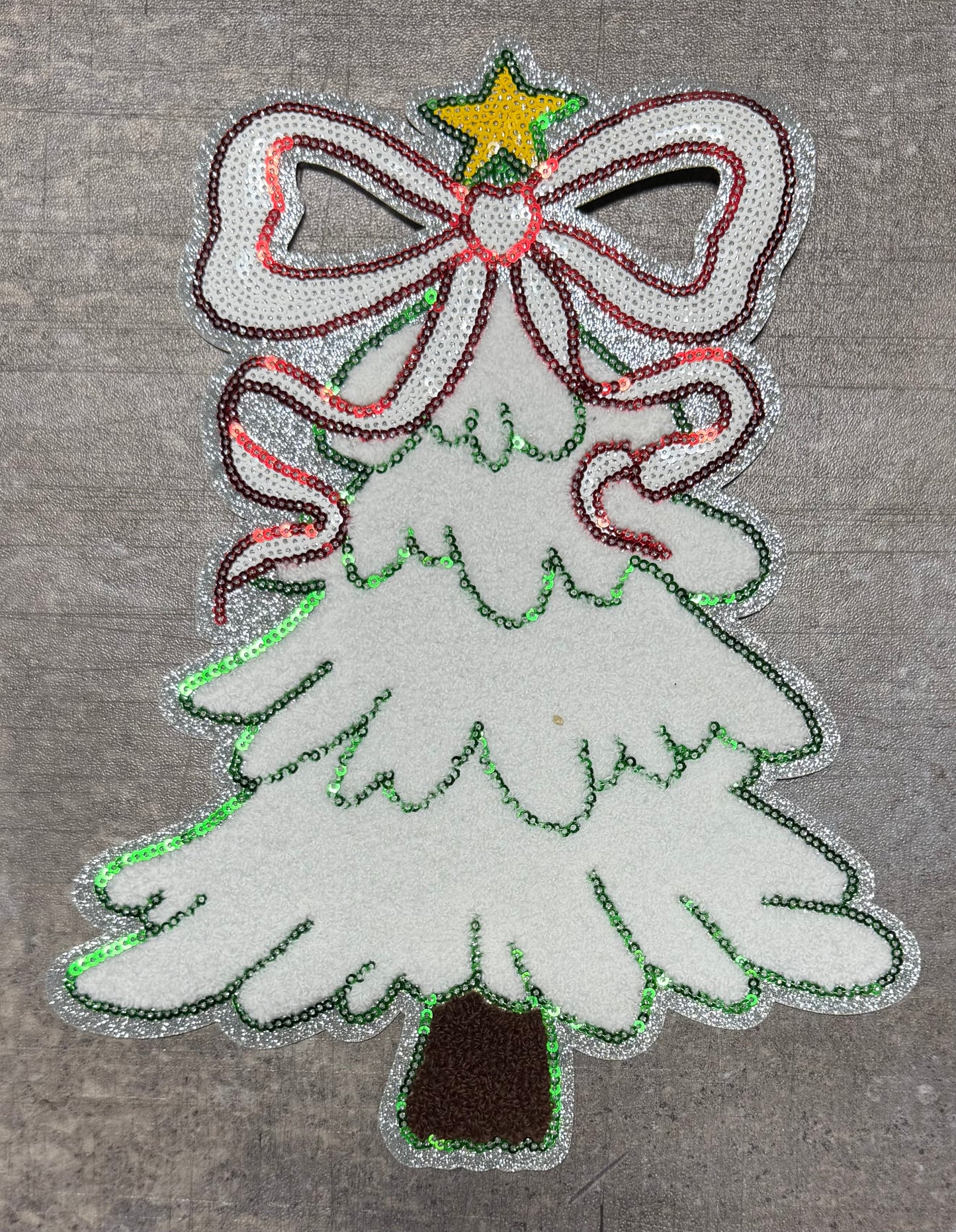 White Tree with Bow- Chenille/Sequins Iron On Patch