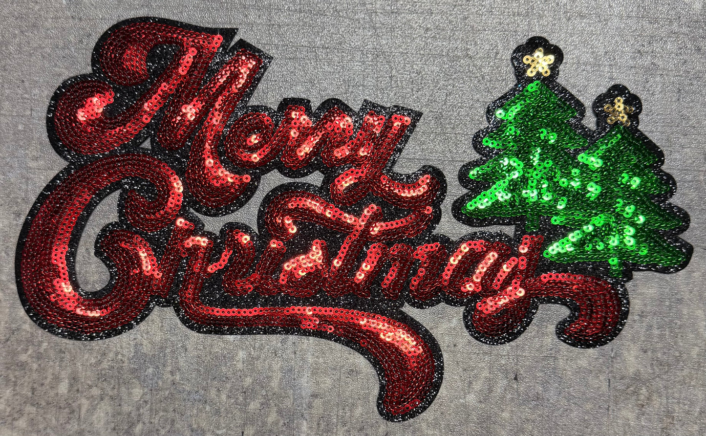 Merry Christmas with 2 Trees- Chenille/Sequins Iron On Patch