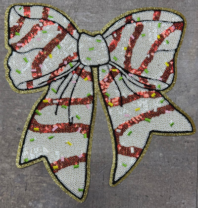 Christmas Tree Cake Bow- Chenille/Sequins Iron On Patch