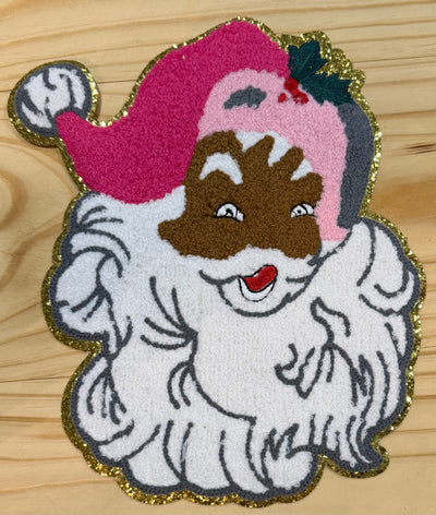 Brown Santa with Pink Hat- Chenille/Sequins Iron On Patch