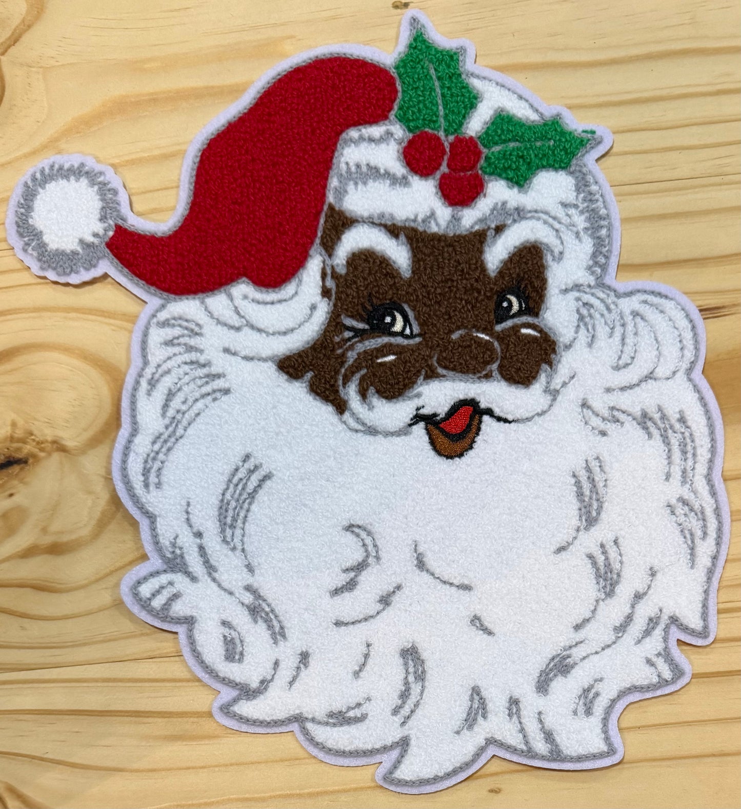 Brown Santa with Red Hat- Chenille/Sequins Iron On Patch