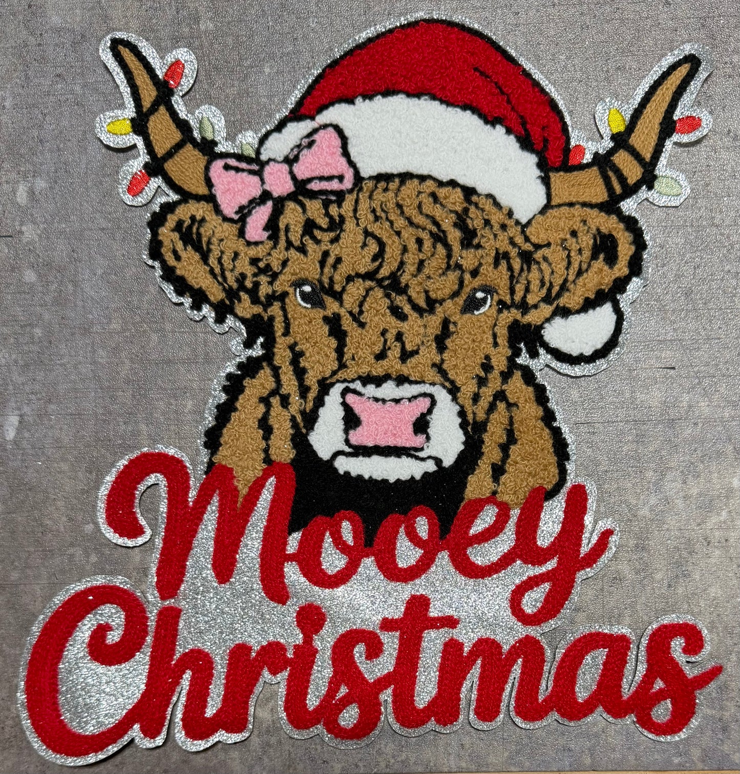 Mooey Christmas Highland Cow- Chenille/Sequins Iron On Patch