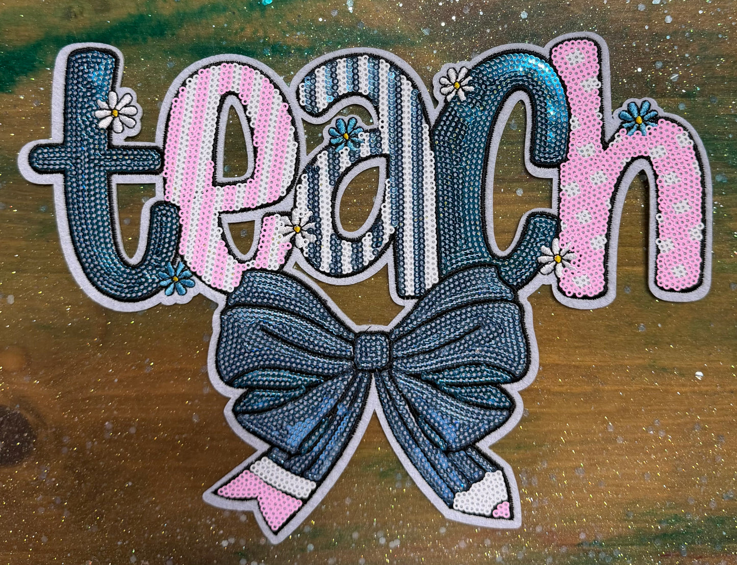 Teach Pink and Blue with Bow - Chenille/Sequins Iron On Patch