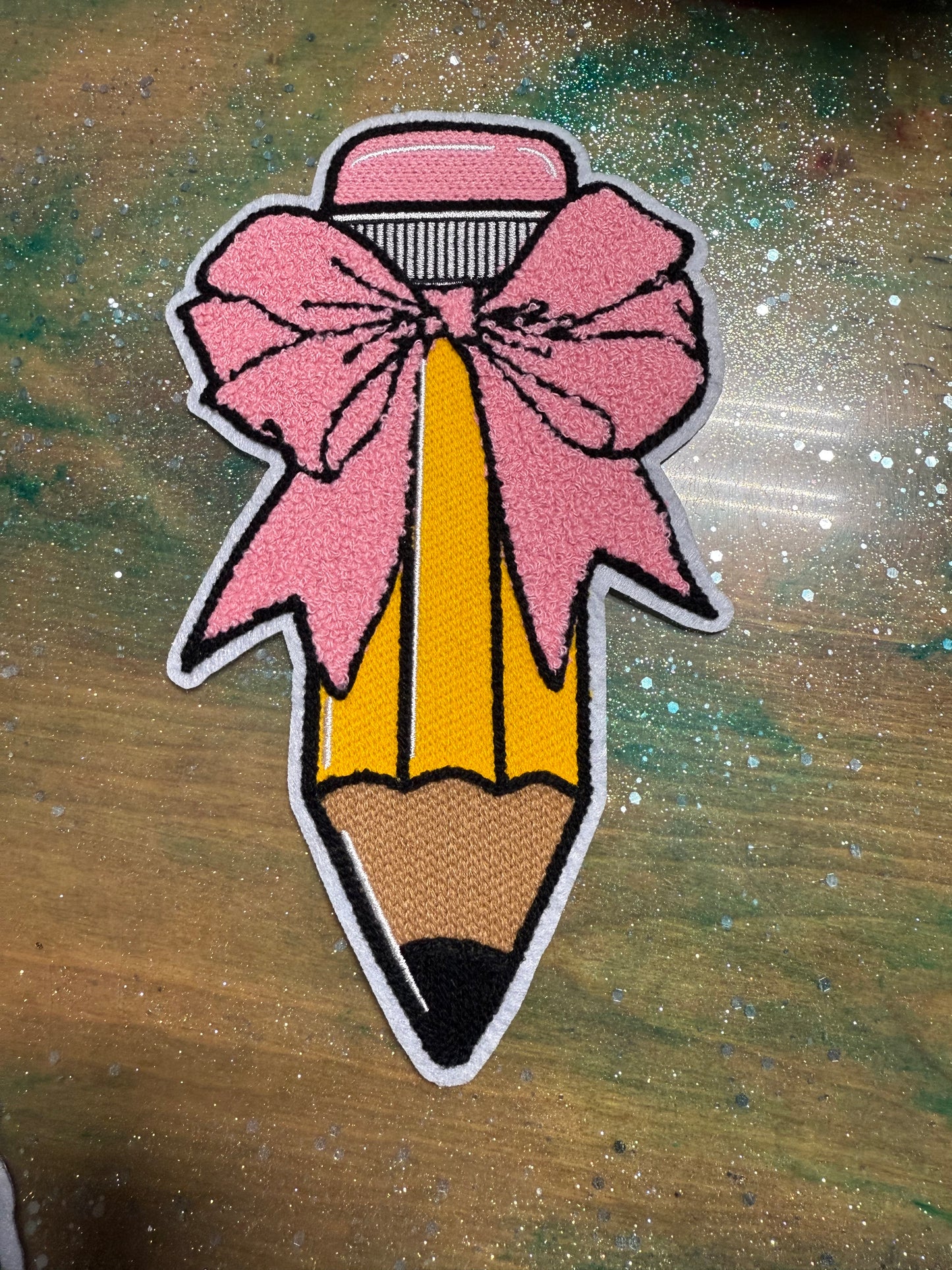 Pencil with Pink Bow - Chenille/Sequins Iron On Patch