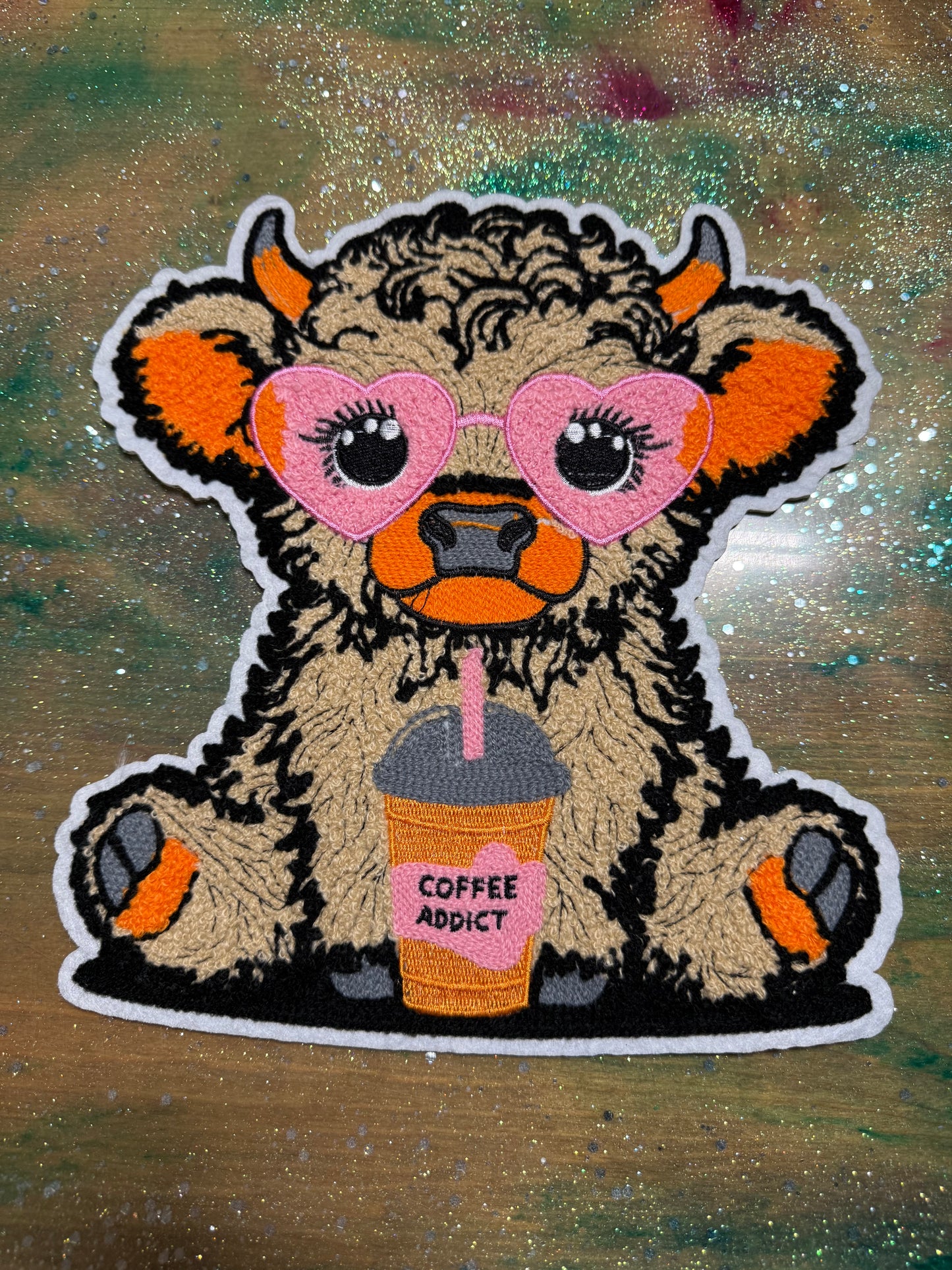 Coffee Highland Cow  - Chenille/Sequins Iron On Patch