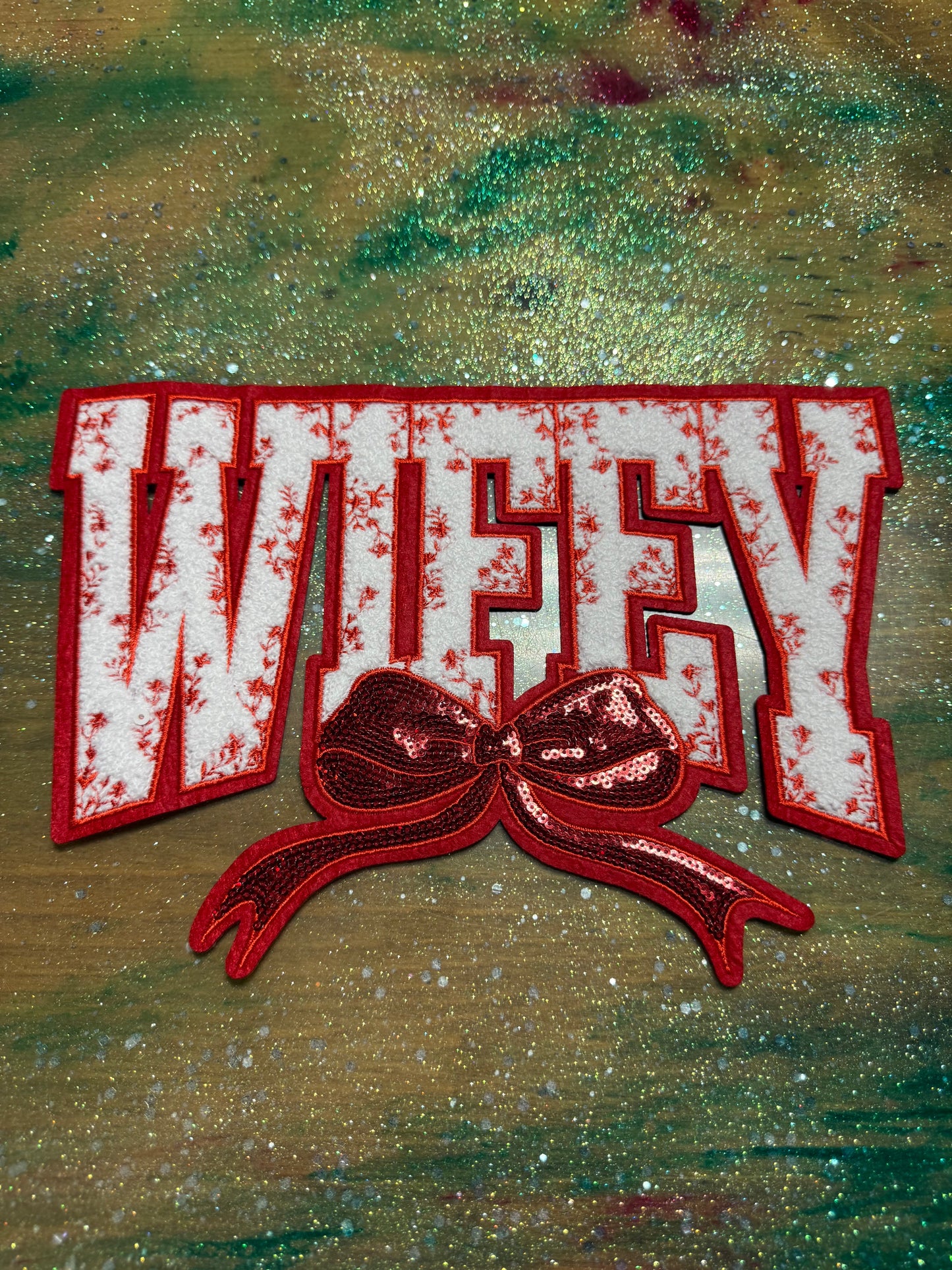 Wifey Bow Red - Chenille/Sequins Iron On Patch