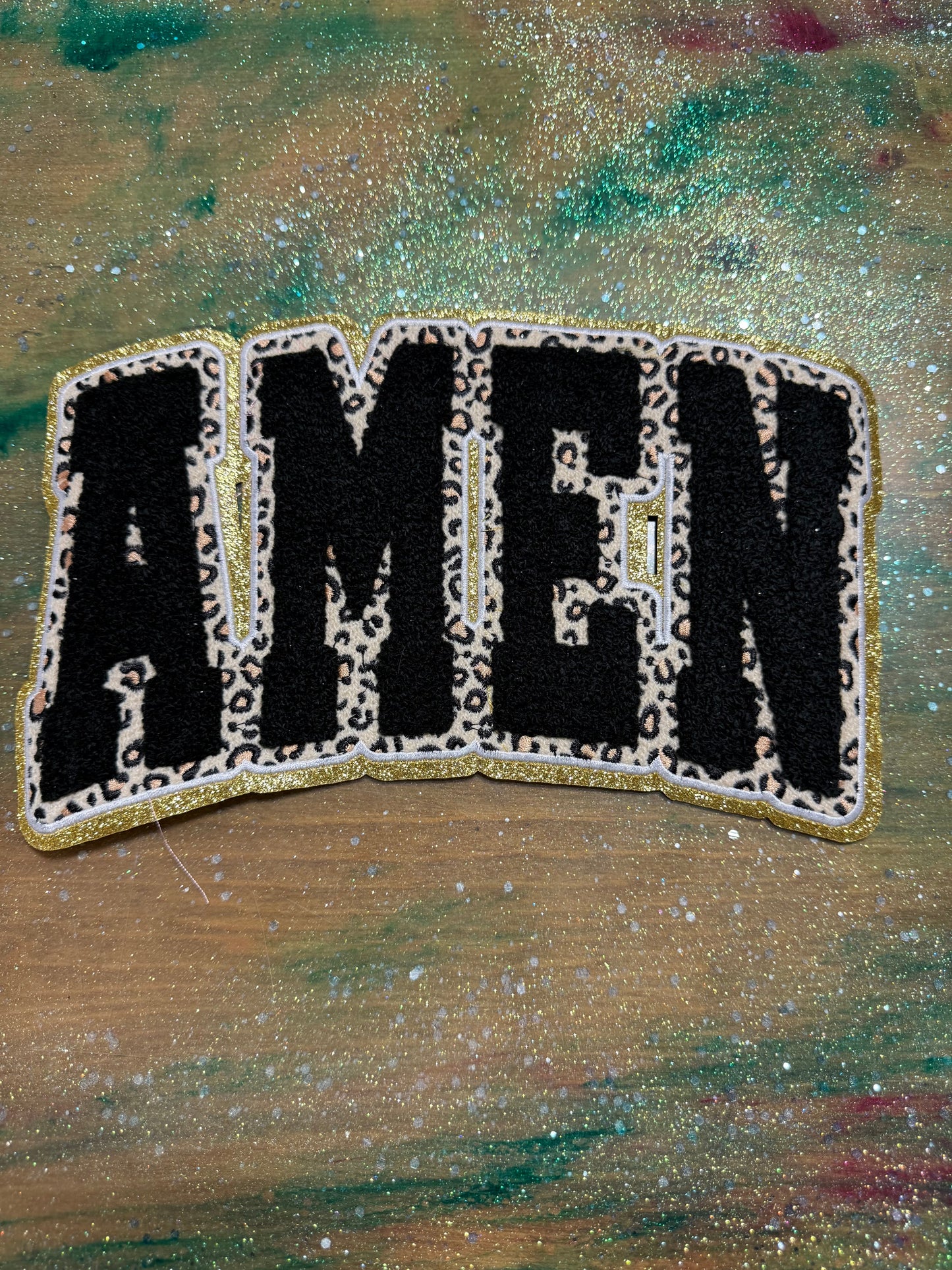 Amen Black with Gold - Chenille/Sequins Iron On Patch