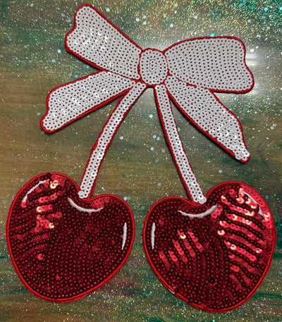 Cherries with White Bow - Chenille/Sequins Iron On Patch