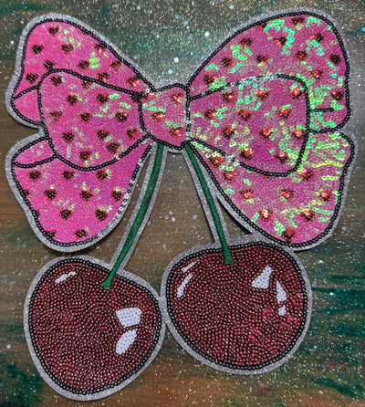 Cherries with Large Pink Bow - Chenille/Sequins Iron On Patch