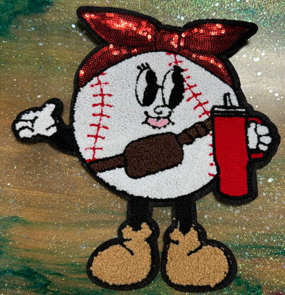 Mama Baseball with Tumbler - Chenille/Sequins Iron On Patch