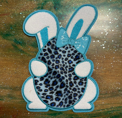 Teal Bunny with Leopard Egg - Chenille/Sequins Iron On Patch