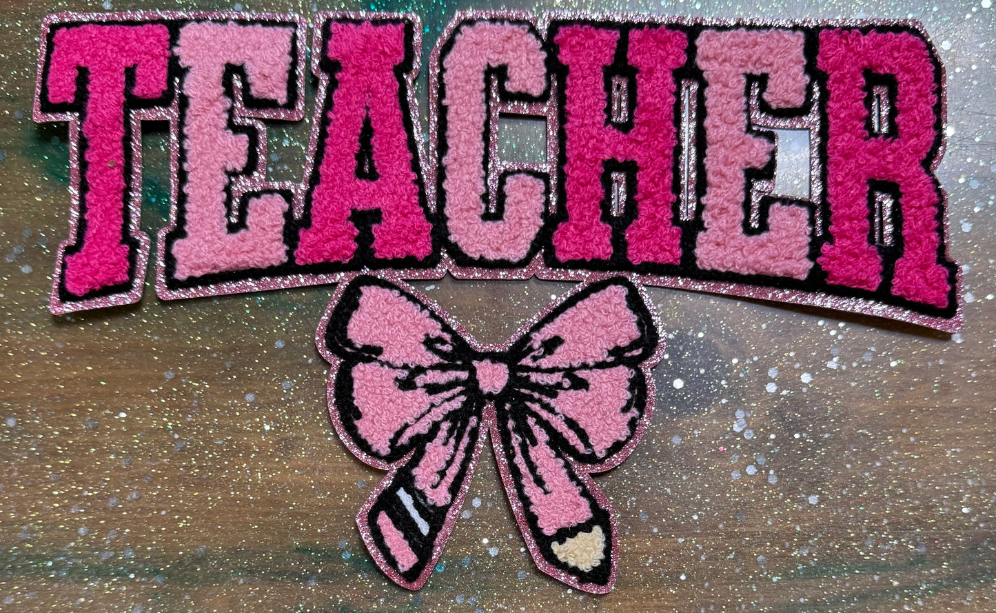 Teacher with Bow Shades of Pink - Chenille/Sequins Iron On Patch