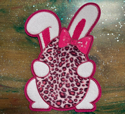 Pink Bunny with Leopard Egg - Chenille/Sequins Iron On Patch