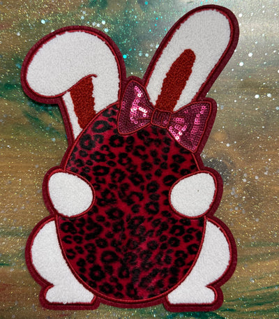 Maroon Bunny with Leopard Egg - Chenille/Sequins Iron On Patch