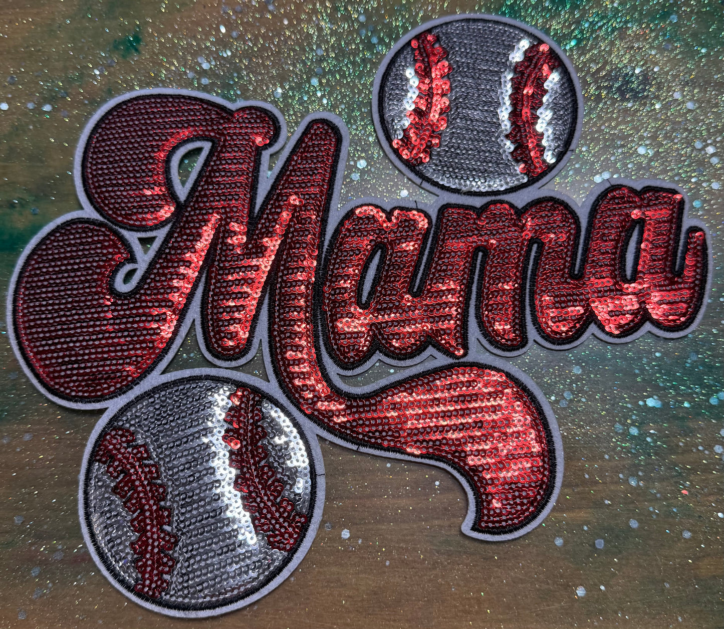 Mama Sequins with Baseballs - Chenille/Sequins Iron On Patch