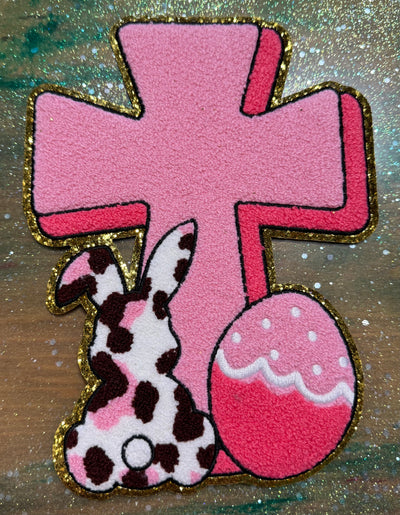 Cross Bunny and Easter Egg - Chenille/Sequins Iron On Patch