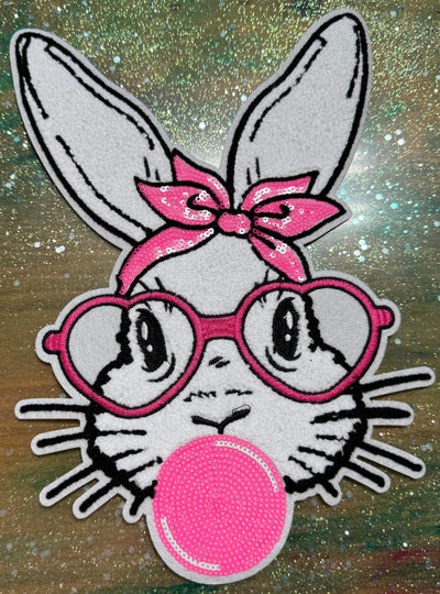 White Bunny with Glasses and Bubble - Chenille/Sequins Iron On Patch