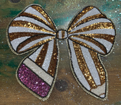 Pencil Bow - Chenille/Sequins Iron On Patch