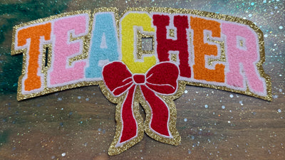 Bright Teacher Bow - Chenille/Sequins Iron On Patch