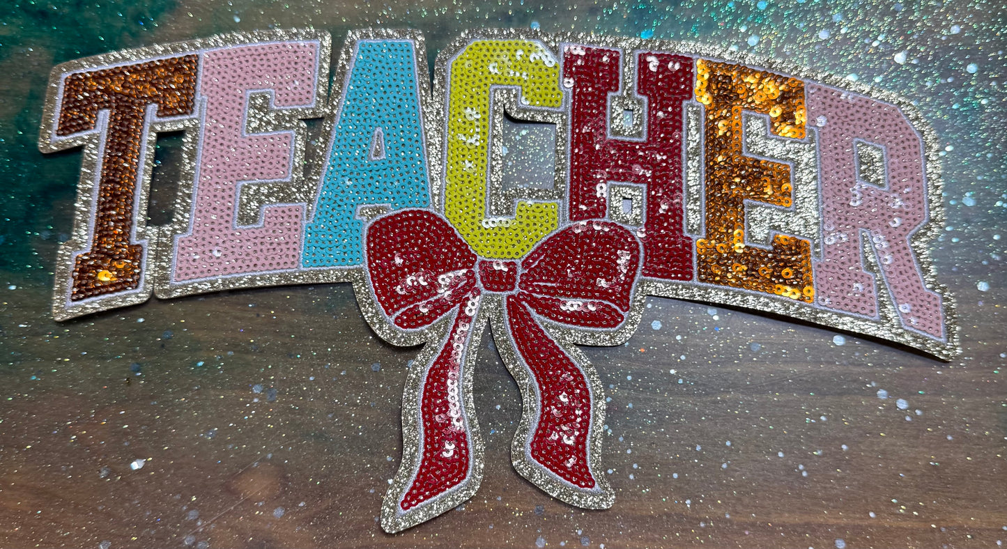 Teacher Bow Multicolor - Chenille/Sequins Iron On Patch