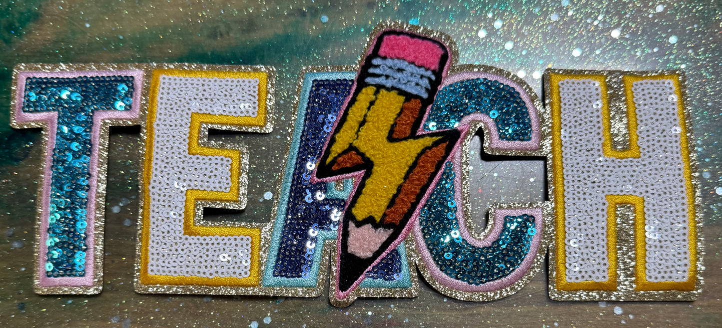 Teach Lightening Bolt Pencil - Chenille/Sequins Iron On Patch