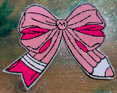 Bright Pencil Bow- Chenille/Sequins Iron On Patch