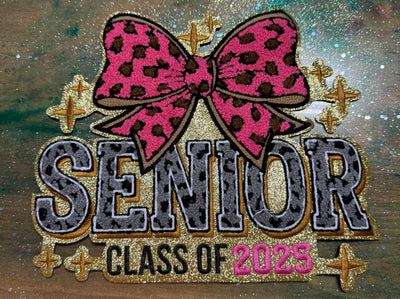 Senior Leopard Gray Pink Leopard Bow - Chenille/Sequins Iron On Patch