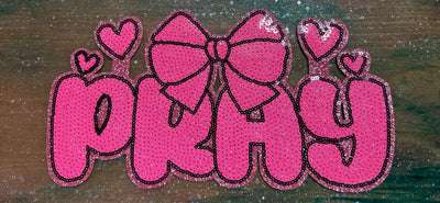 Pray with Bow Hot Pink - Chenille/Sequins Iron On Patch