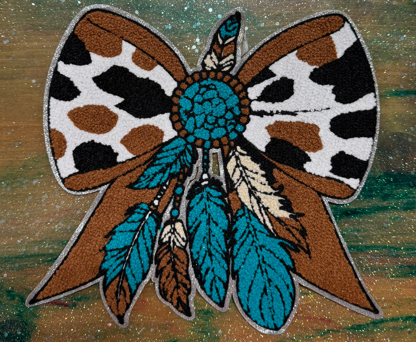 Western Bow with Feathers - Chenille/Sequins Iron On Patch