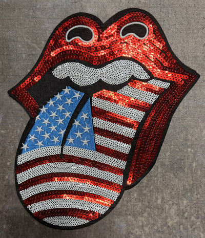 Lips and Tongue Red White Blue - Chenille/Sequins Iron On Patch