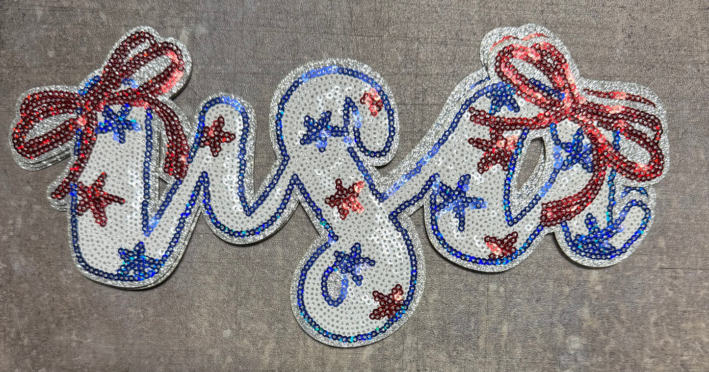 USA with Bow - Chenille/Sequins Iron On Patch