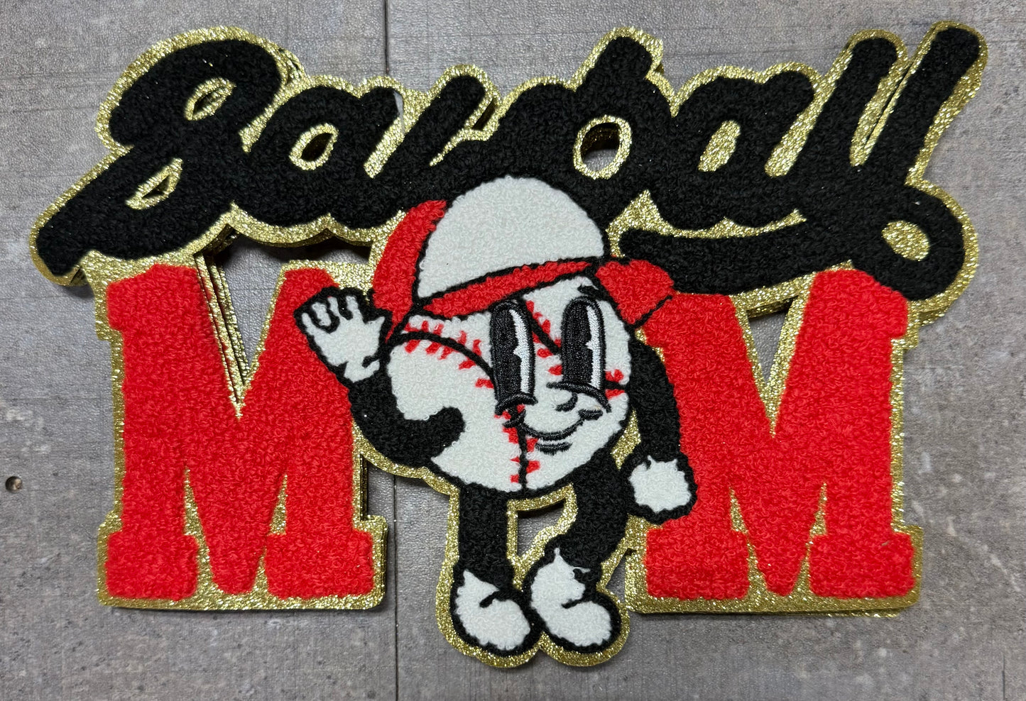 Baseball Mom with Baseball Character - Chenille/Sequins Iron On Patch