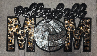 Volleyball Mom Black with Leopard - Chenille/Sequins Iron On Patch