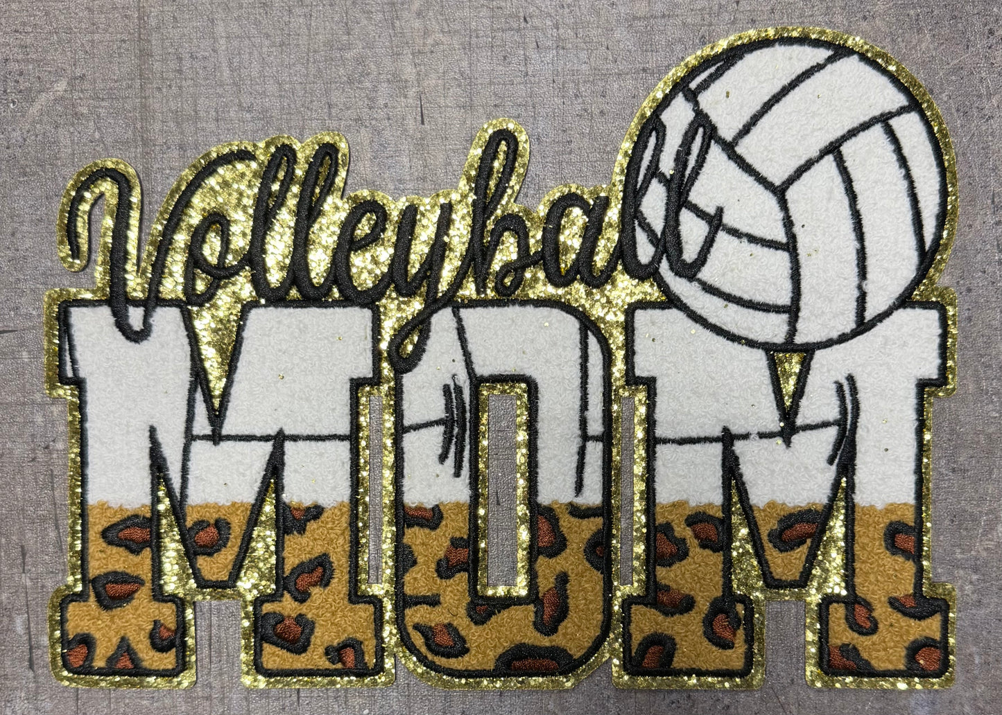 Volleyball Mom White with Leopard - Chenille/Sequins Iron On Patch