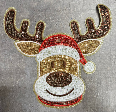 Reindeer Santa Hat - Chenille/Sequins Iron On Patch