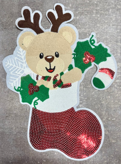 Bear in Stocking - Chenille/Sequins Iron On Patch