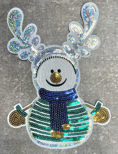 Snowman with Antlers - Chenille/Sequins Iron On Patch