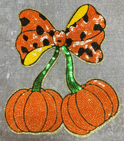 Leopard Bow with Pumpkins - Chenille/Sequins Iron On Patch