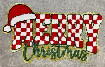 Merry Christmas Checkerd - Chenille/Sequins Iron On Patch