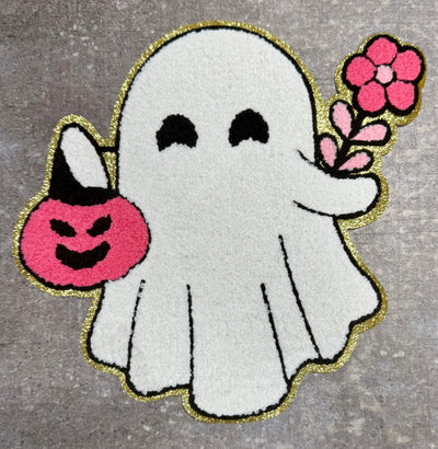 Ghost with Pumpkin and Flowers - Chenille/Sequins Iron On Patch