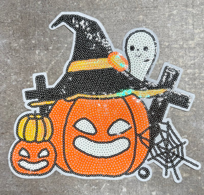 Jack-o-Lantern with Witch Hat - Chenille/Sequins Iron On Patch